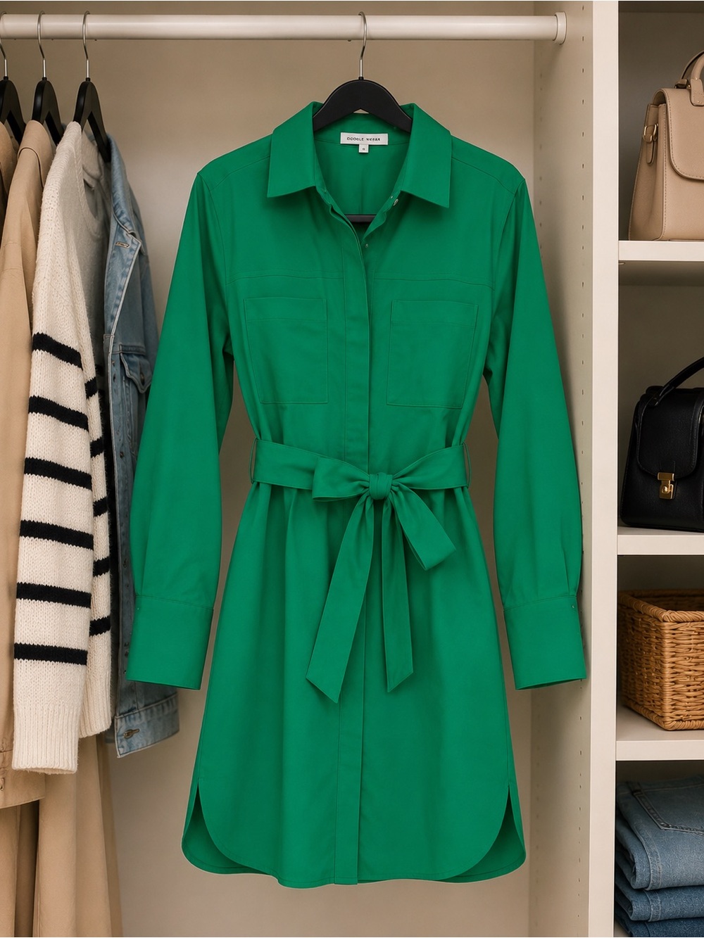 Good American Emerald Green Tie-Waist Shirt Dress - Picture 3 of 5